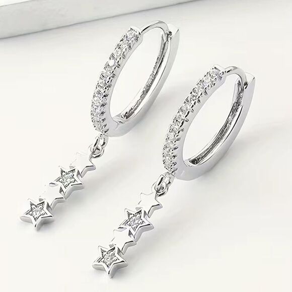 ⭐️Dainty Sparkling Silver Star C Hoop Dangle Drop Earrings - Picture 5 of 15